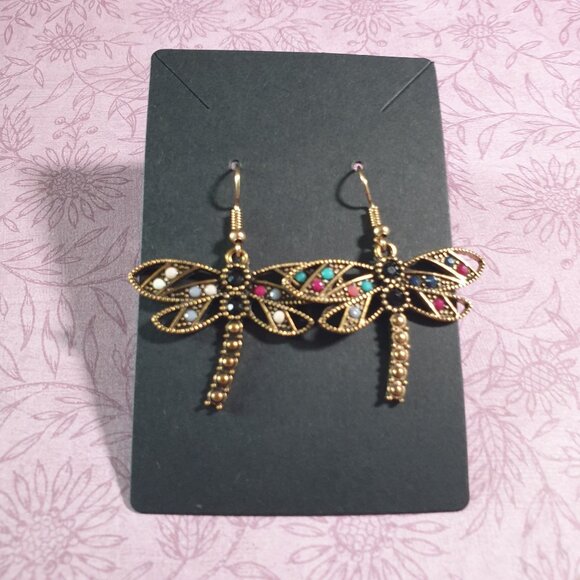 Dragonfly Dangle Earrings With Multicolor Gem Accents & Antique Gold Finish For - Picture 4 of 5